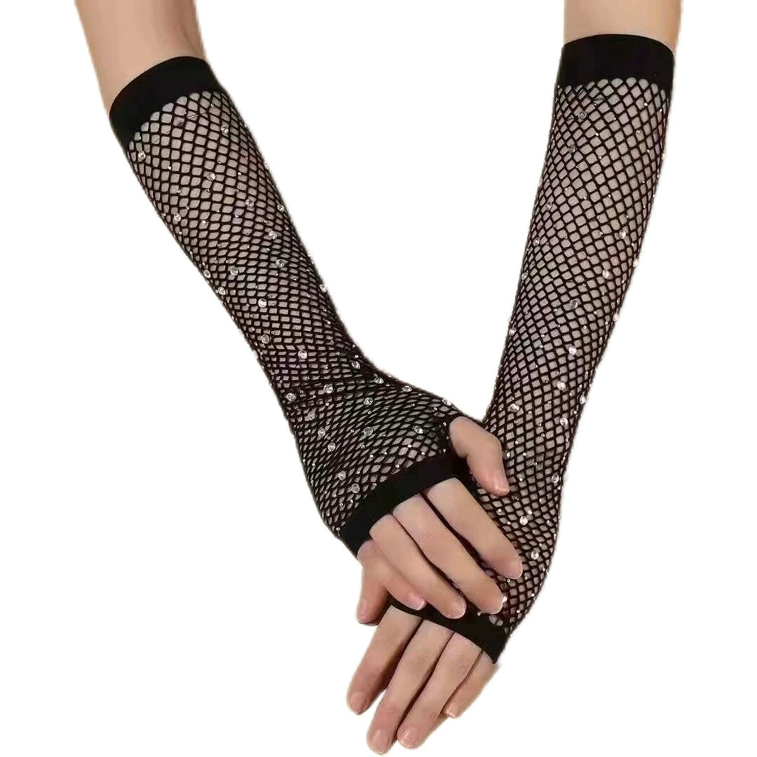 80 Ball Diamond Gloves Party Fishnet Stretch Mesh Gloves Fashion Retro Cross-Border Sexy Hot Drilling Sleeve Cover Viralgem Store