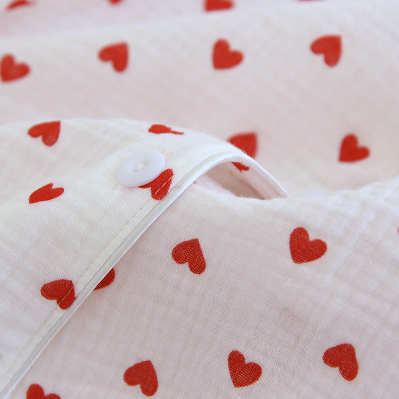 Summer Japanese Style Sweet Crepe Cotton Kimono Pajamas Lapel Cartoon Cute Printing Loose Loungewear Women 2 Piece Sleepwear