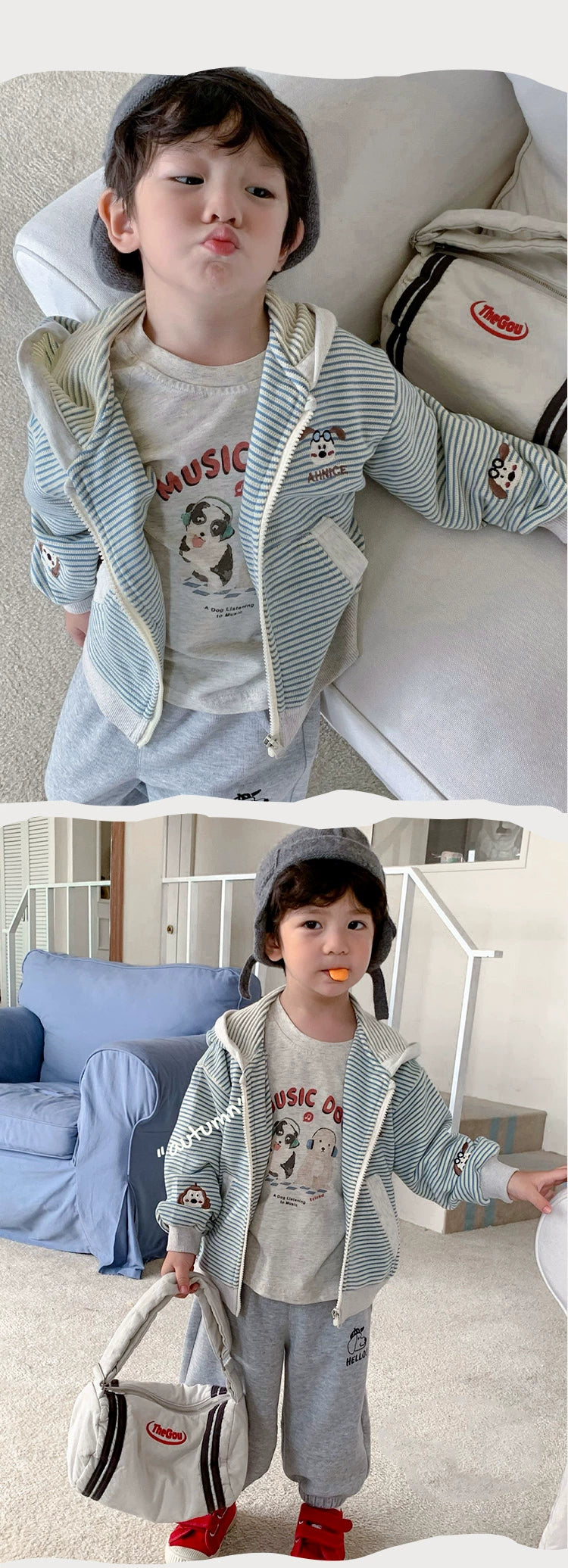 Stripes Knitting Hooded Spring and Autumn Pure Cotton Zipper Outwear