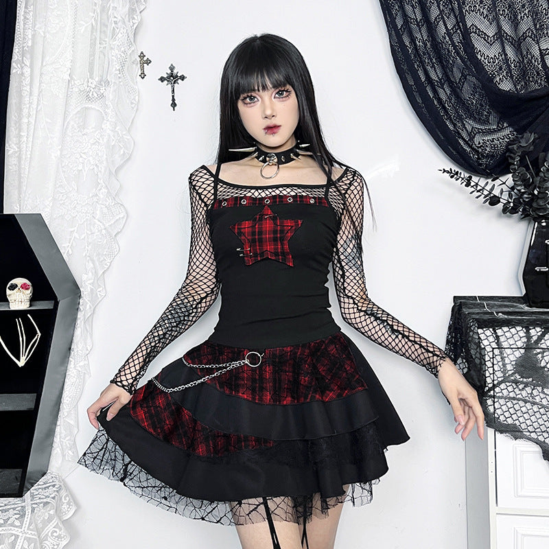 AltGoth Streetwear Y2k Camis Women Aesthetic Mall Goth Red Plaid Pentagram Patchwork Crop Tank Tops Harajuku Cyber Punk Clothes