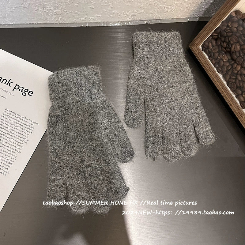 South Korea Ins Solid Color Cycling Gloves Student Cute Wild Cold-Proof Warm Finger Stuffed Knitted Gloves Female Winter