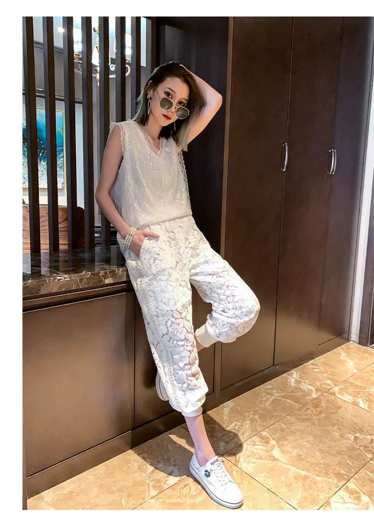 150.00kg Plus Size Heavy Industry Beaded Lace Casual Pants Plus Size Ladies Loose Fashion Thin Hollow Crochet Sports Pants