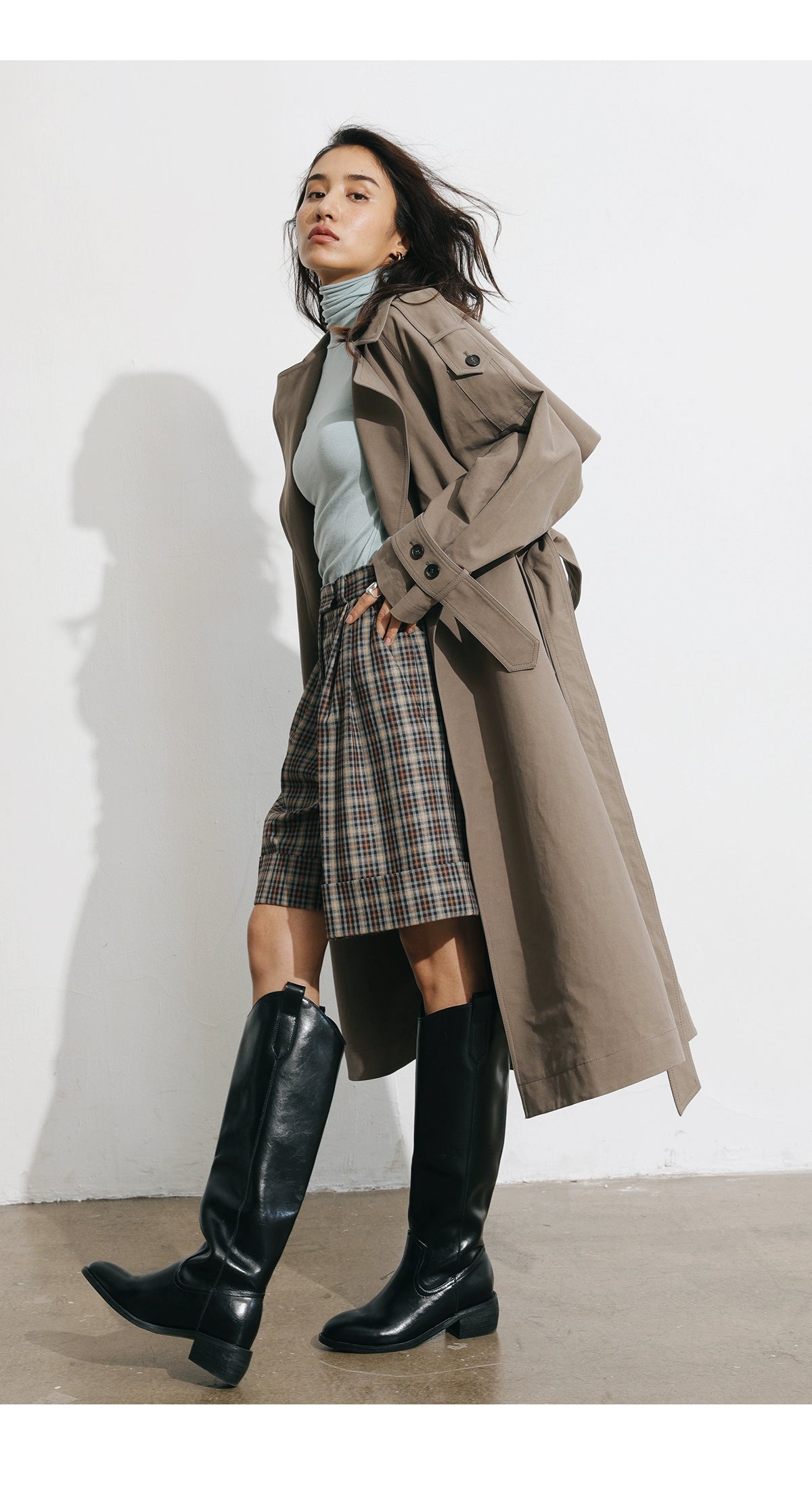 Women's Spring Clothing Fashion Gray Coffee Color Loose Shoulder Ins Style Minimalist Casual Very Wide Long Trench Coat