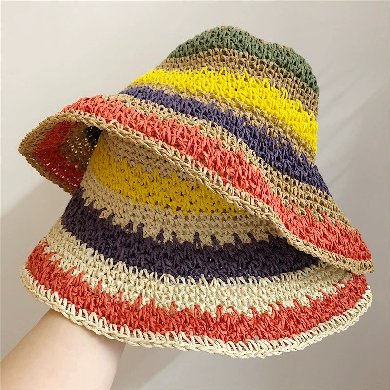 Women's Striped Sun Hat Summer Foldable Outing Straw Hat