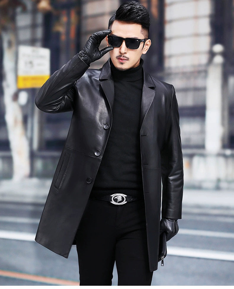 2024 New Arrival Haining Genuine Leather Clothes Men's Mid Length Long Length Trench Coat Fur Outwear Silm K-style Suit Collar Leather Jacket