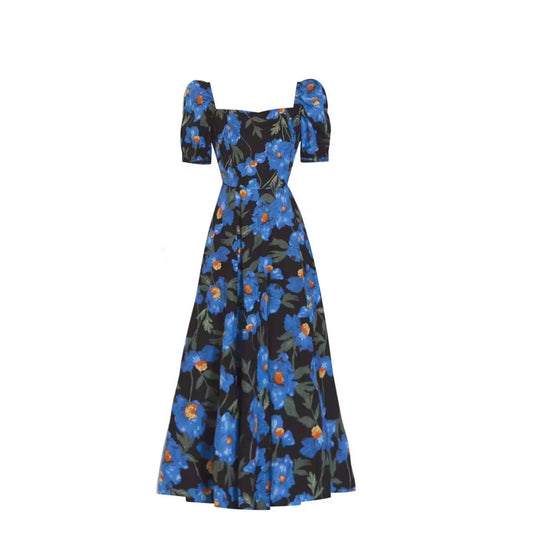 100.00kg Export Oversize Women's Clothing AliExpress Amazon Fashion Style Square Collar Floral Mid Length Long Length Dress Tide