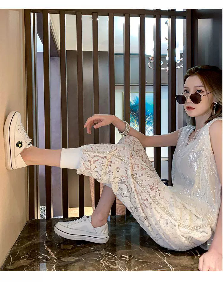 150.00kg Plus Size Heavy Industry Beaded Lace Casual Pants Plus Size Ladies Loose Fashion Thin Hollow Crochet Sports Pants