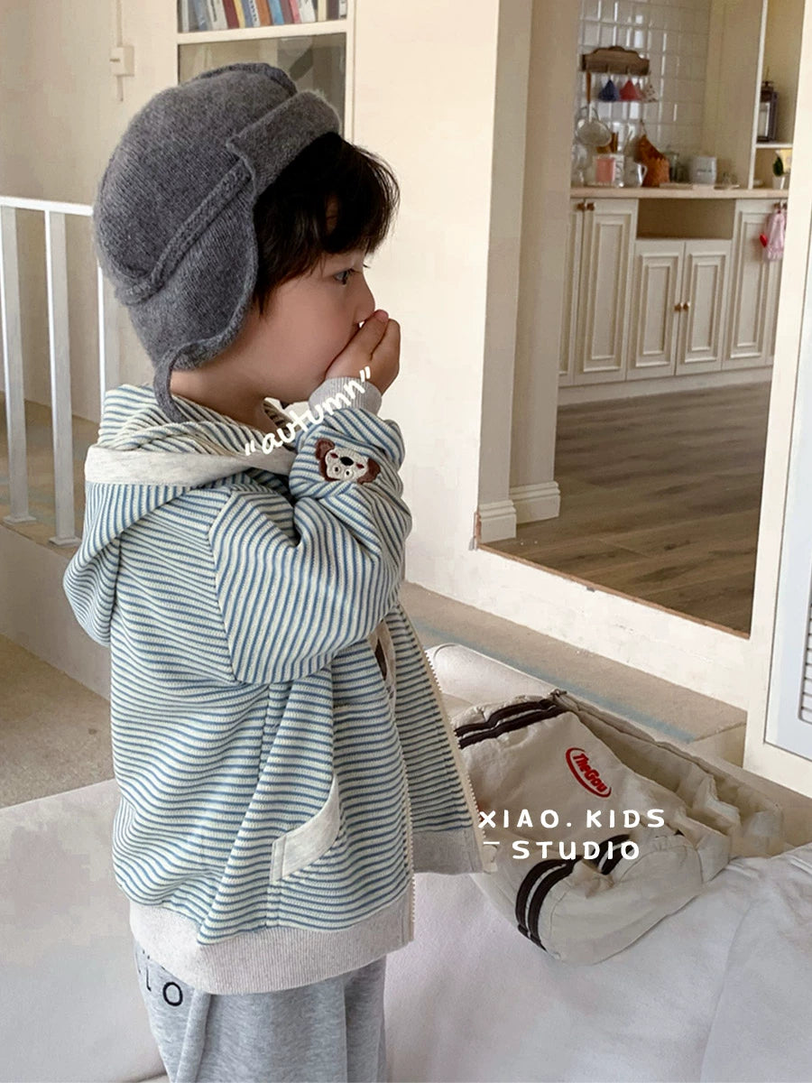 Stripes Knitting Hooded Spring and Autumn Pure Cotton Zipper Outwear