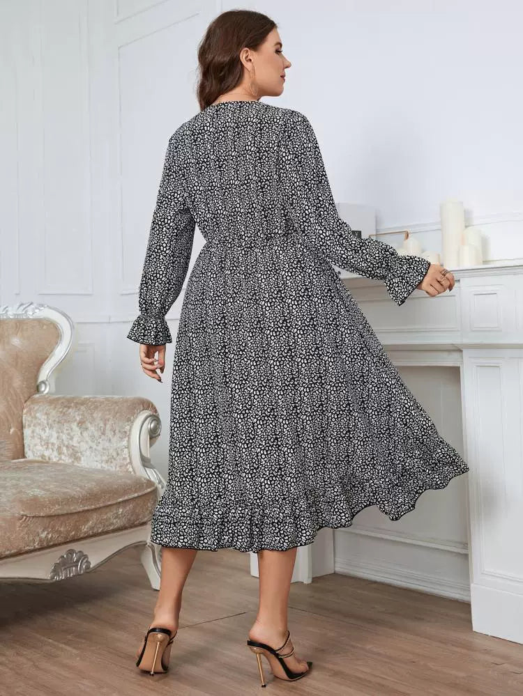 Vintage V-Neck Cinched Waist Long Sleeves Plus Size Dresses