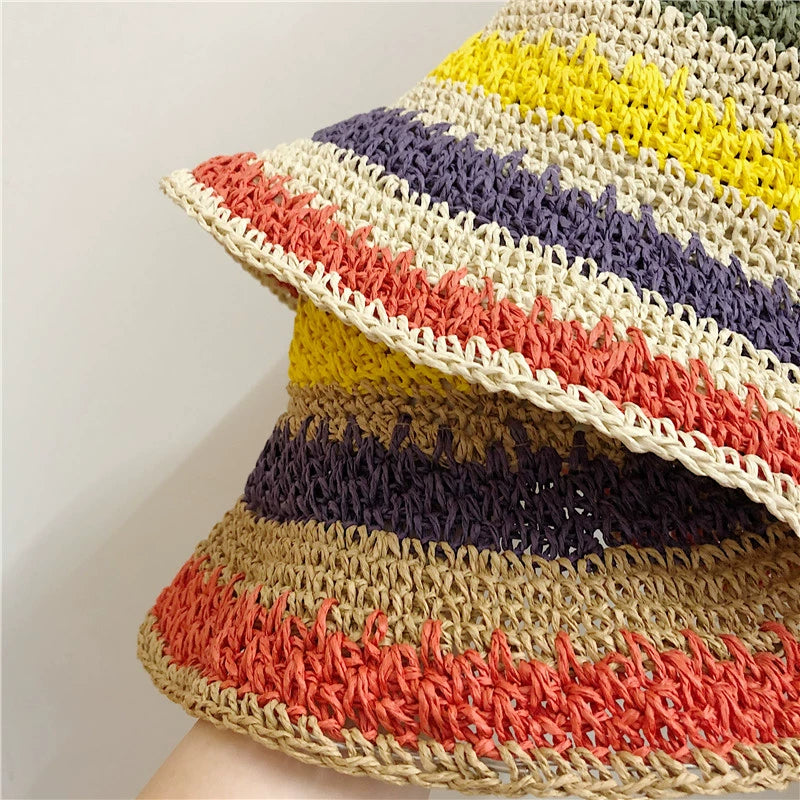 Women's Striped Sun Hat Summer Foldable Outing Straw Hat