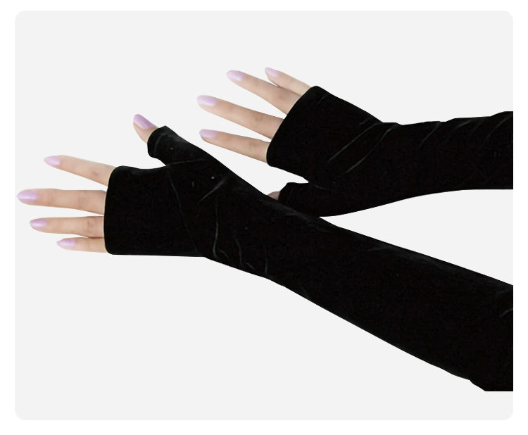 Women's Velvet Open Finger Black Oversleeve Leather Gloves