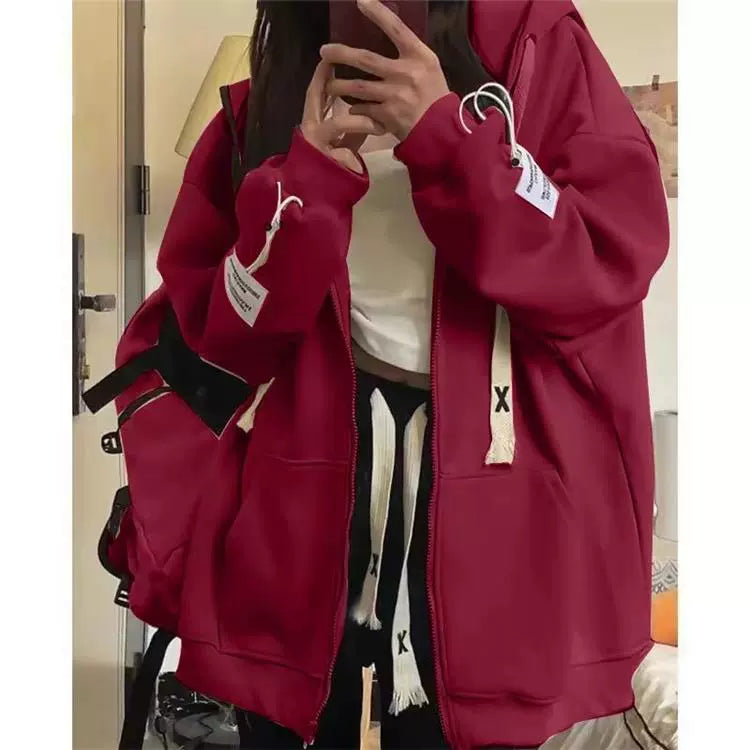 150.00kg Plus Size American Hooded Sweatshirt Female Plus Size Ladies Loose BF Idle Style Long-Sleeve Zipper Cardigan Outerwear Top