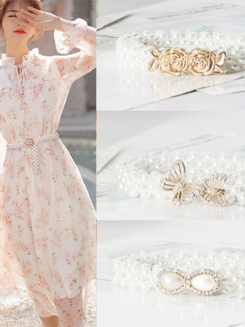 Women's Pearl Elastic Rhinestone Hanfu Waist Dress