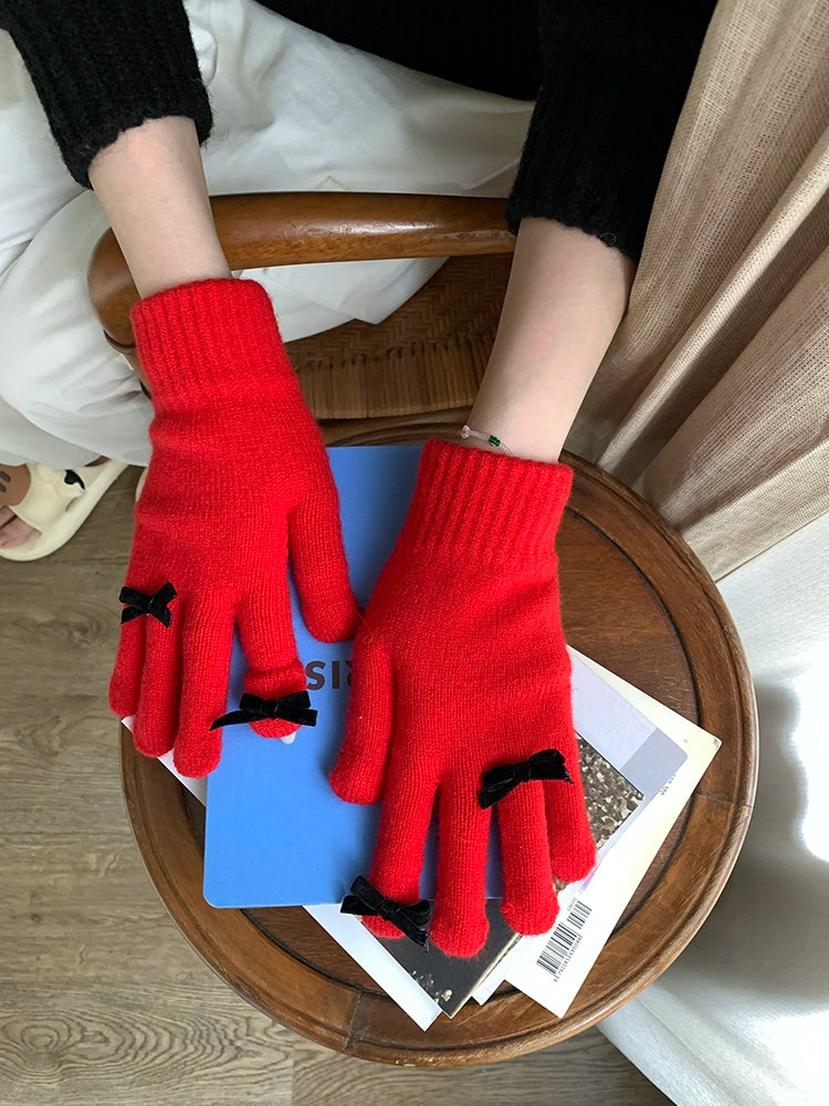 South Korea Cute Ins Style Women's Five-Finger Gloves Bow