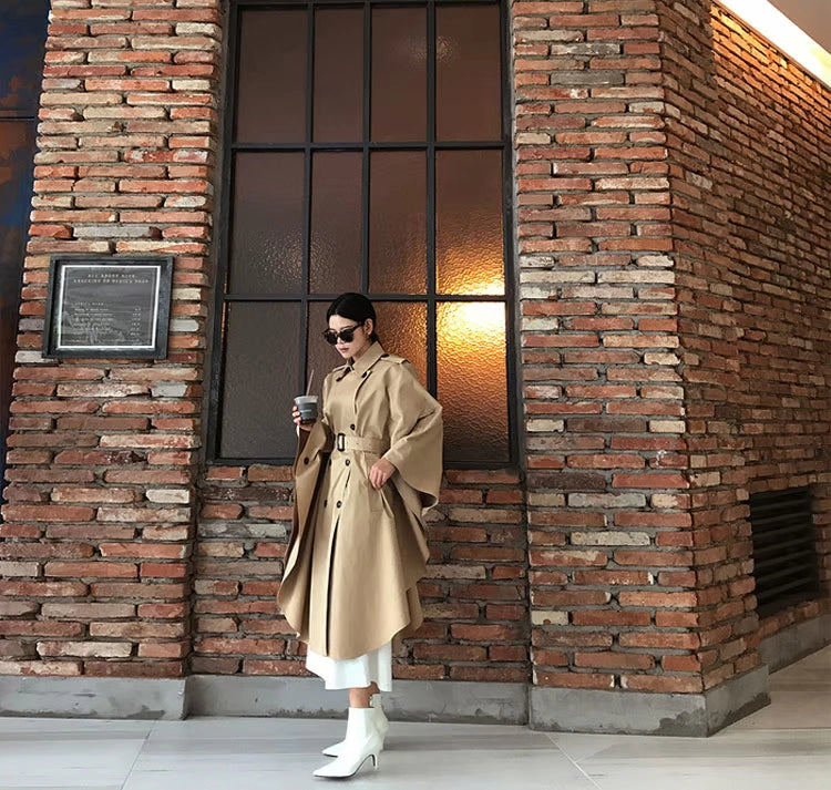 South Korea Genuine Goods Luxury Socialite Pure Color Double Breasted Lapel Lace-up Waist Cloak Shawl Long Trench Coat Large Nude Color Viralgem Store