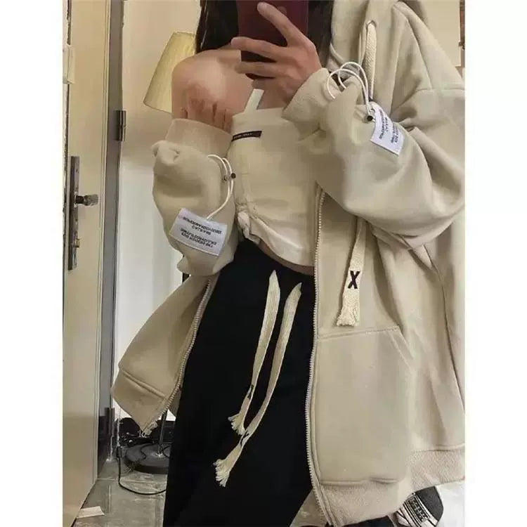 150.00kg Plus Size American Hooded Sweatshirt Female Plus Size Ladies Loose BF Idle Style Long-Sleeve Zipper Cardigan Outerwear Top