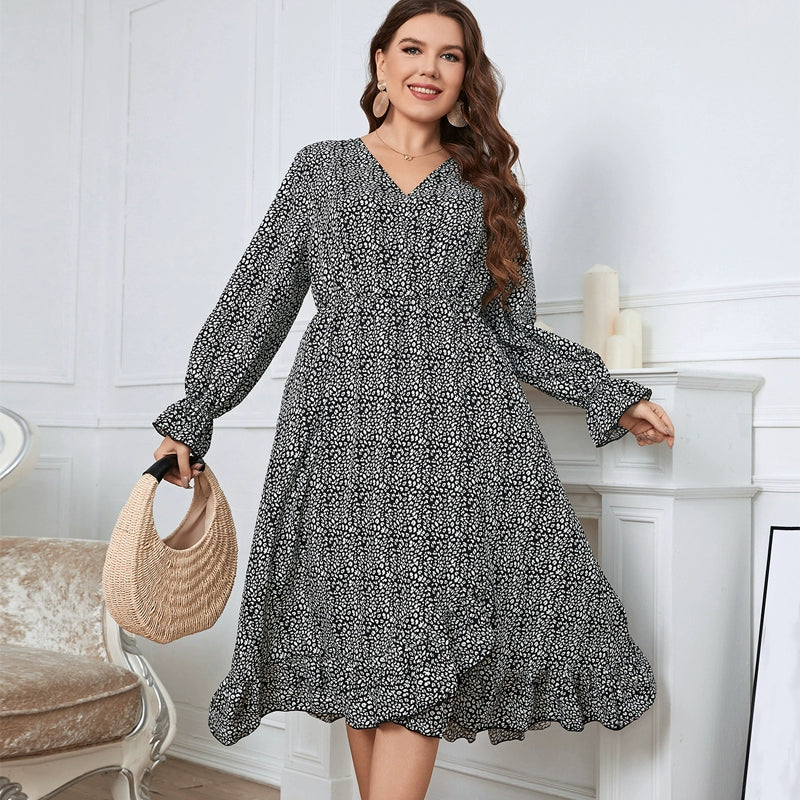 Vintage V-Neck Cinched Waist Long Sleeves Plus Size Dresses