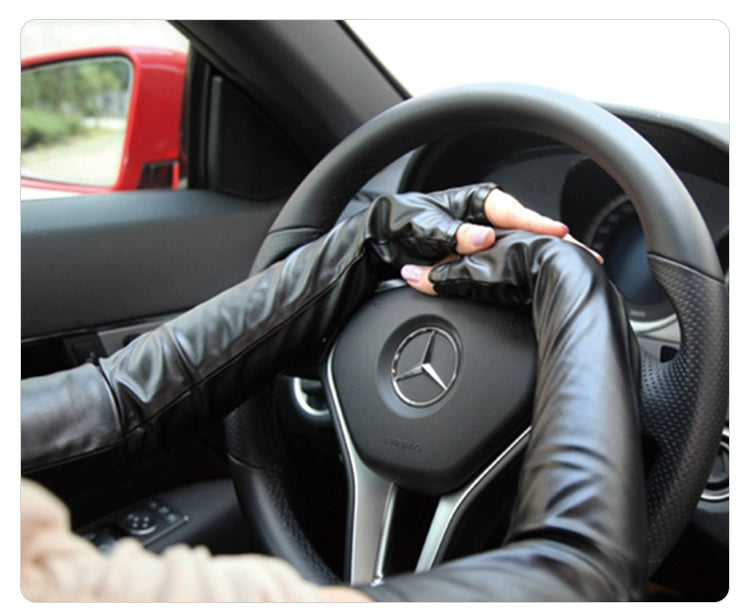 Women's Velvet Open Finger Black Oversleeve Leather Gloves