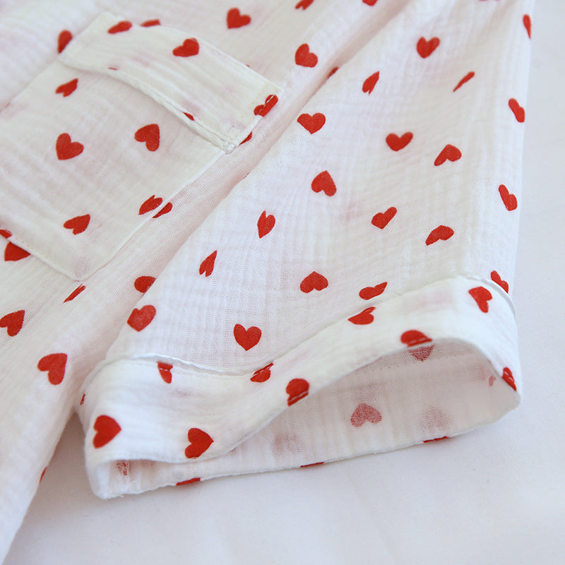 Summer Japanese Style Sweet Crepe Cotton Kimono Pajamas Lapel Cartoon Cute Printing Loose Loungewear Women 2 Piece Sleepwear