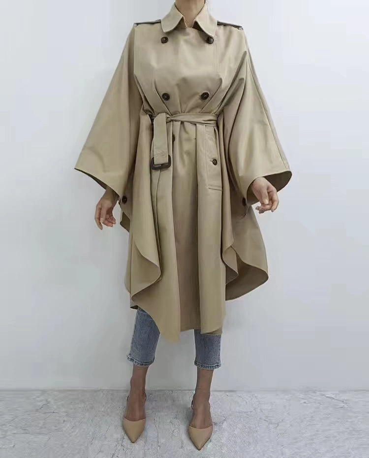 South Korea Genuine Goods Luxury Socialite Pure Color Double Breasted Lapel Lace-up Waist Cloak Shawl Long Trench Coat Large Nude Color Viralgem Store