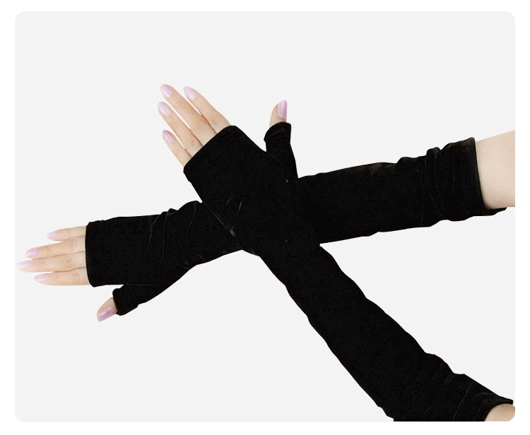 Women's Velvet Open Finger Black Oversleeve Leather Gloves