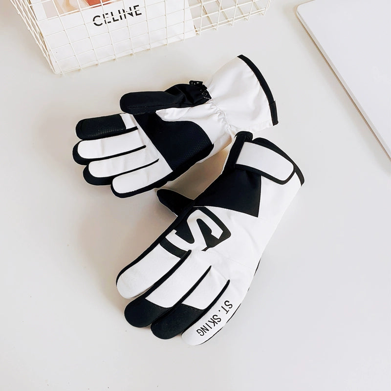 Waterproof Ski Gloves for Women Winter Fleece-Lined Thickened Cotton Students Warm-Keeping Cold-Proof Windproof Touch Screen Cycling Motorcycle Men