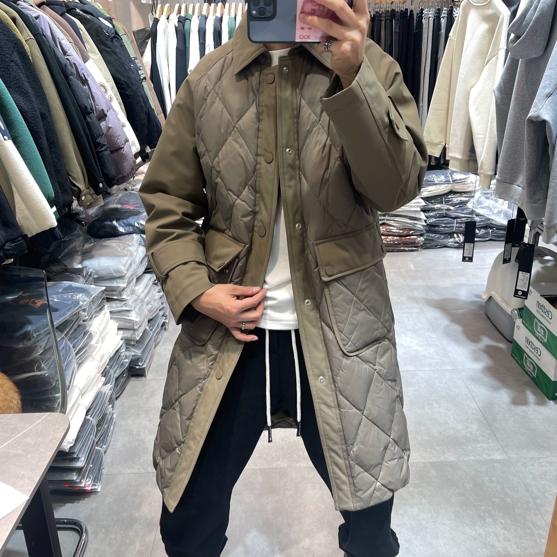 23 Winter Thickened New Duck down Diamond Lattice Mid Length Long Length Trench Coat down Jacket Trendy Loose Retro Warm Outwear Viralgem Store