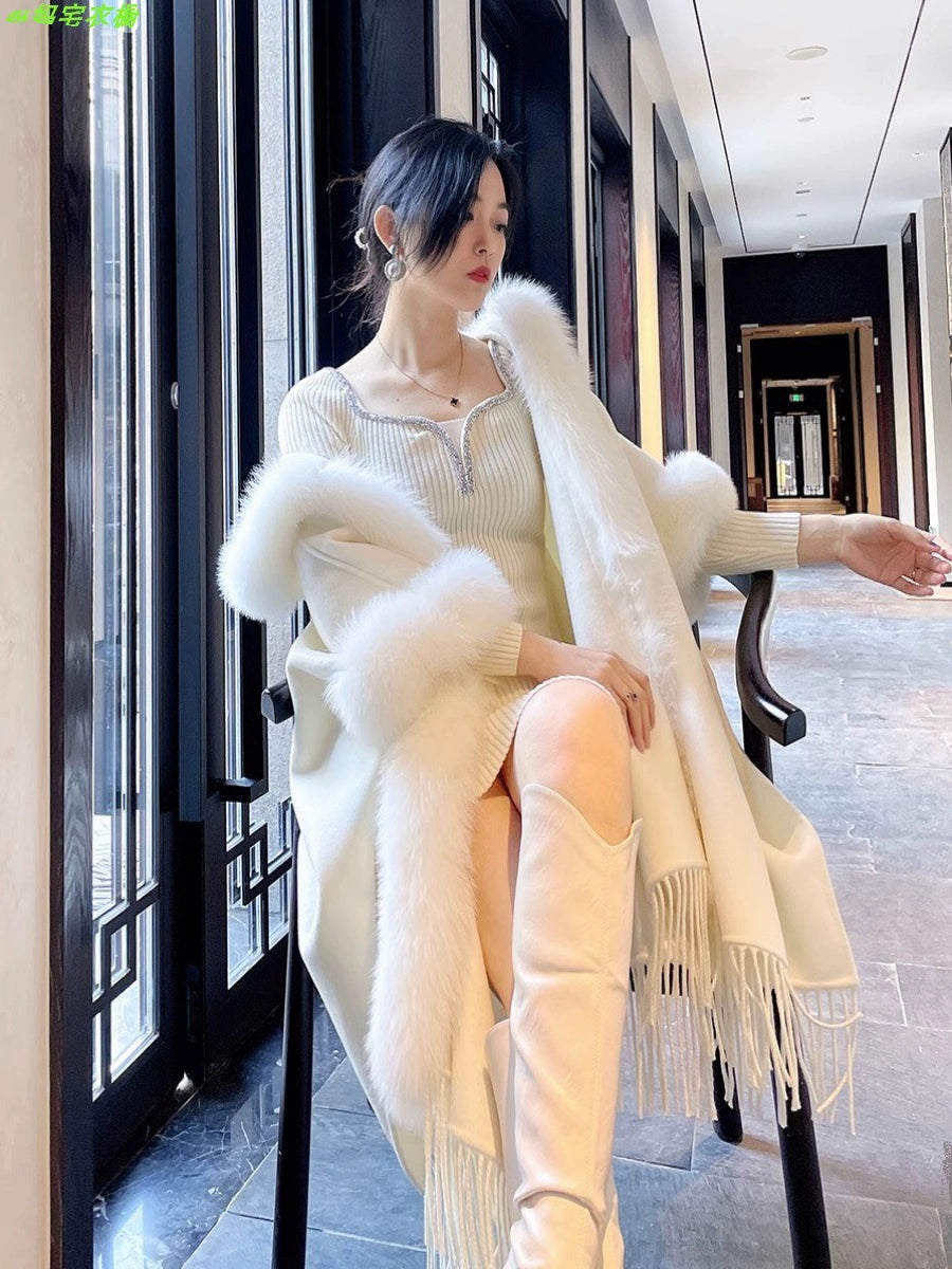Thickened All-Matching Double-Sided Hooded Large Fur Collar Cape and Shawl