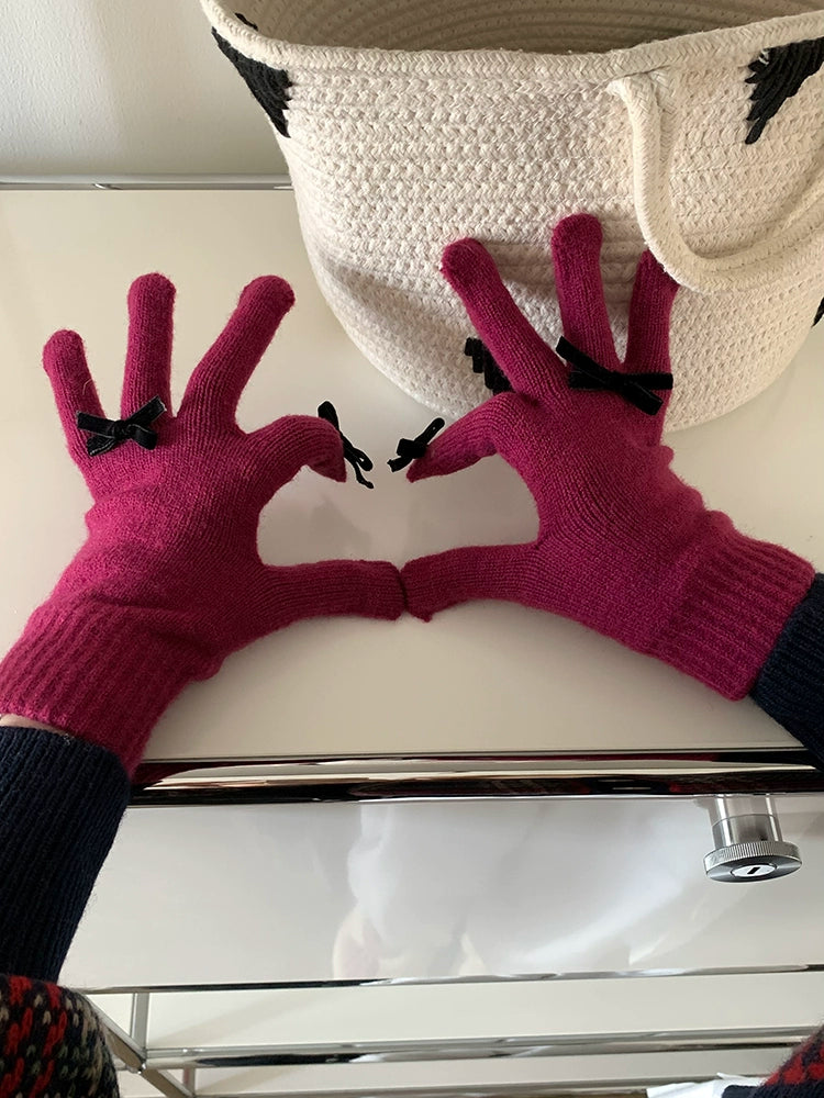 South Korea Cute Ins Style Women's Five-Finger Gloves Bow