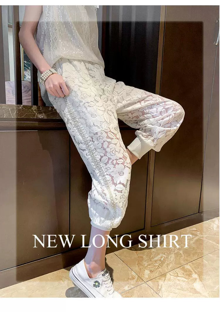 150.00kg Plus Size Heavy Industry Beaded Lace Casual Pants Plus Size Ladies Loose Fashion Thin Hollow Crochet Sports Pants