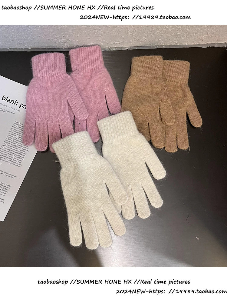 South Korea Ins Solid Color Cycling Gloves Student Cute Wild Cold-Proof Warm Finger Stuffed Knitted Gloves Female Winter