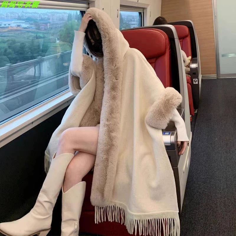 Thickened All-Matching Double-Sided Hooded Large Fur Collar Cape and Shawl