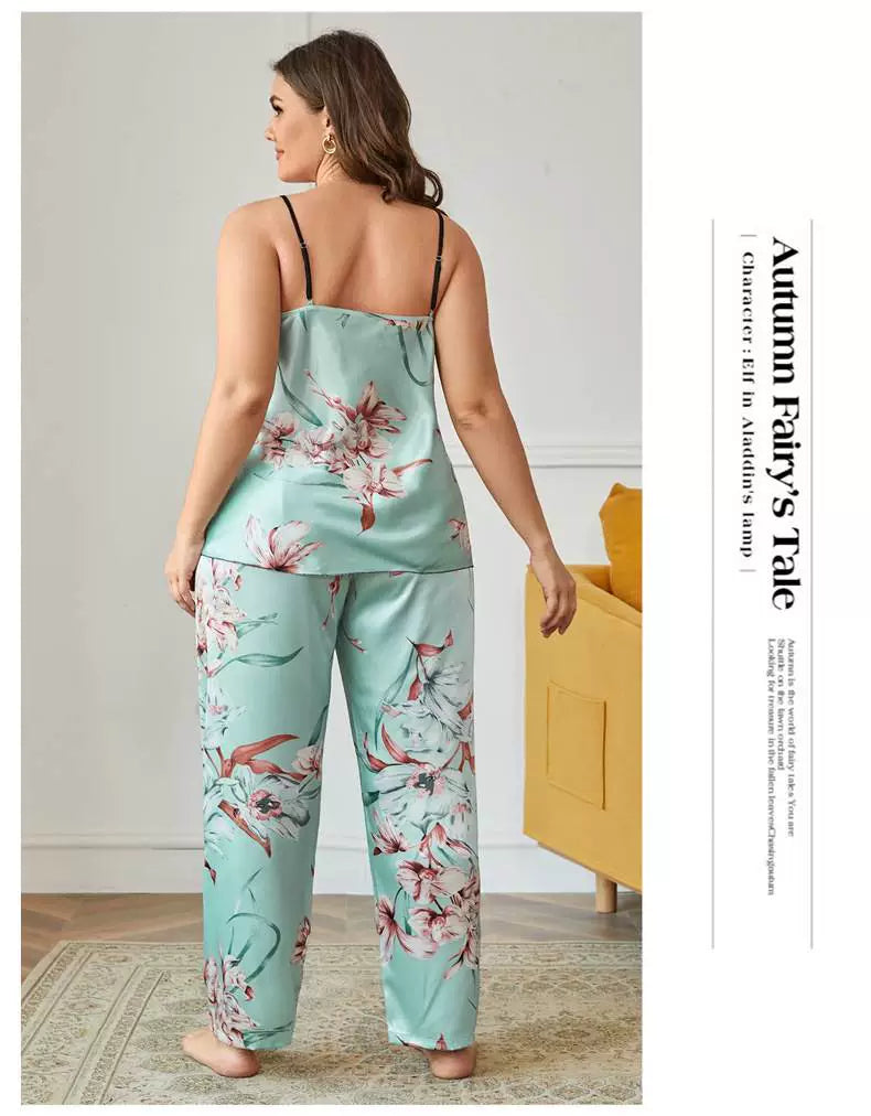 100.00kg Plus Size Ladies Plus Size Ice Silk Pajamas Fat Women plus Size Pajamas Set 2pcs 5x