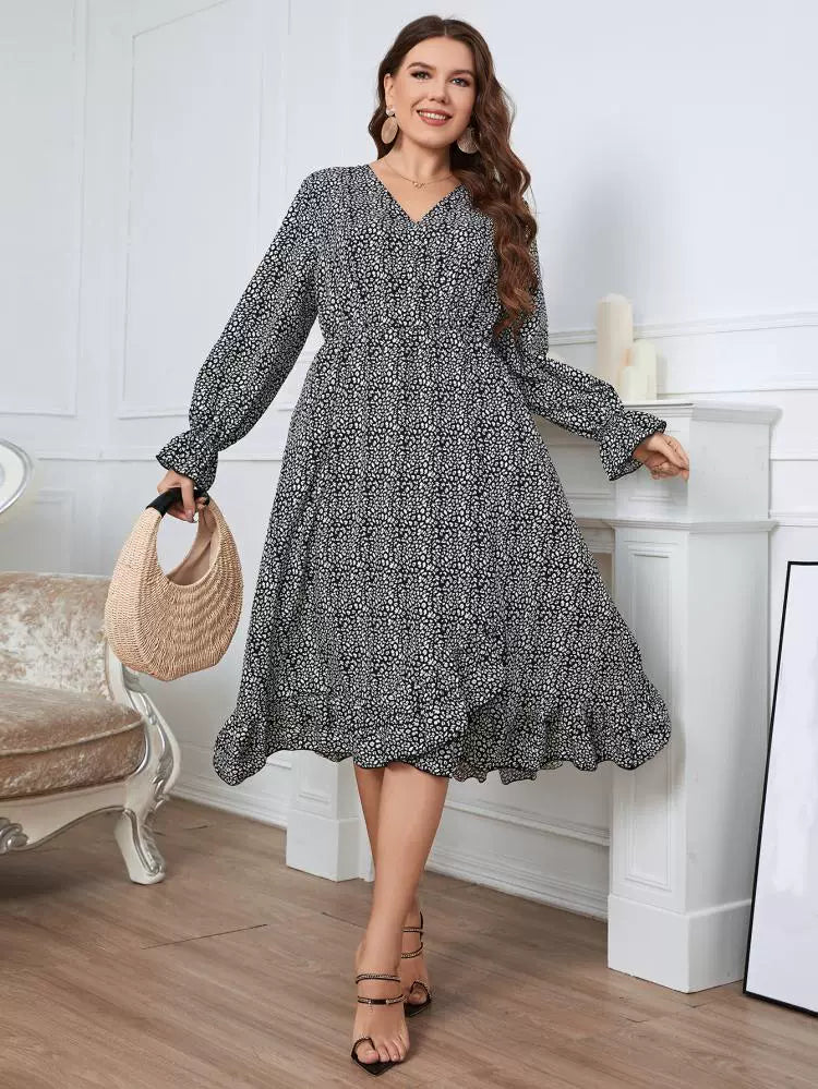 Vintage V-Neck Cinched Waist Long Sleeves Plus Size Dresses