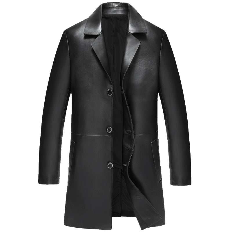 2024 New Arrival Haining Genuine Leather Clothes Men's Mid Length Long Length Trench Coat Fur Outwear Silm K-style Suit Collar Leather Jacket