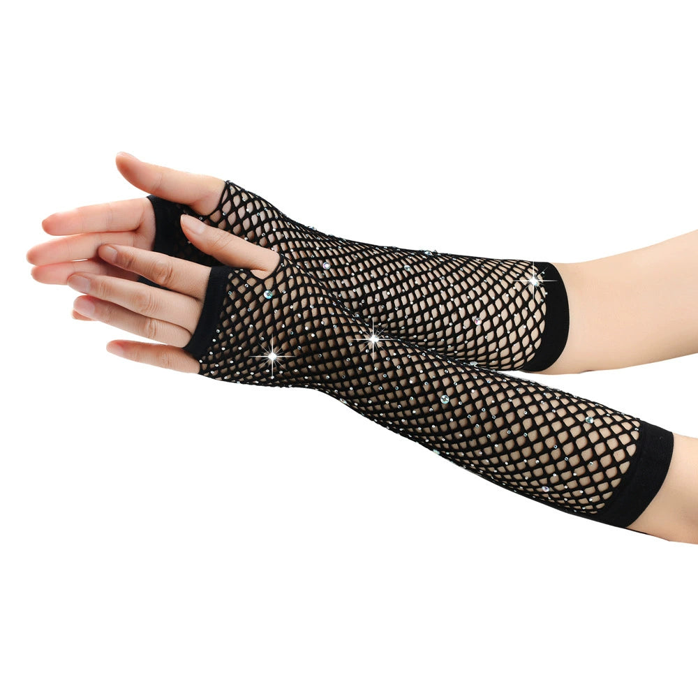 80 Ball Diamond Gloves Party Fishnet Stretch Mesh Gloves Fashion Retro Cross-Border Sexy Hot Drilling Sleeve Cover Viralgem Store