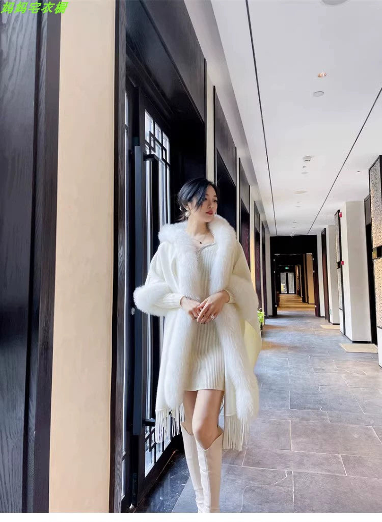 Thickened All-Matching Double-Sided Hooded Large Fur Collar Cape and Shawl