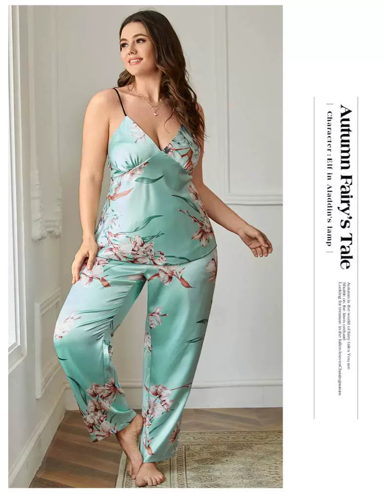 100.00kg Plus Size Ladies Plus Size Ice Silk Pajamas Fat Women plus Size Pajamas Set 2pcs 5x