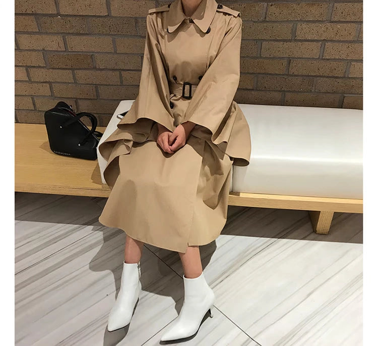 South Korea Genuine Goods Luxury Socialite Pure Color Double Breasted Lapel Lace-up Waist Cloak Shawl Long Trench Coat Large Nude Color Viralgem Store