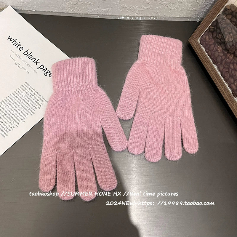 South Korea Ins Solid Color Cycling Gloves Student Cute Wild Cold-Proof Warm Finger Stuffed Knitted Gloves Female Winter