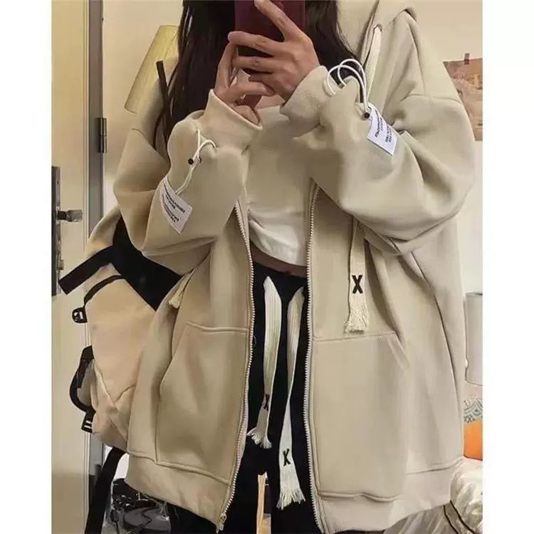150.00kg Plus Size American Hooded Sweatshirt Female Plus Size Ladies Loose BF Idle Style Long-Sleeve Zipper Cardigan Outerwear Top