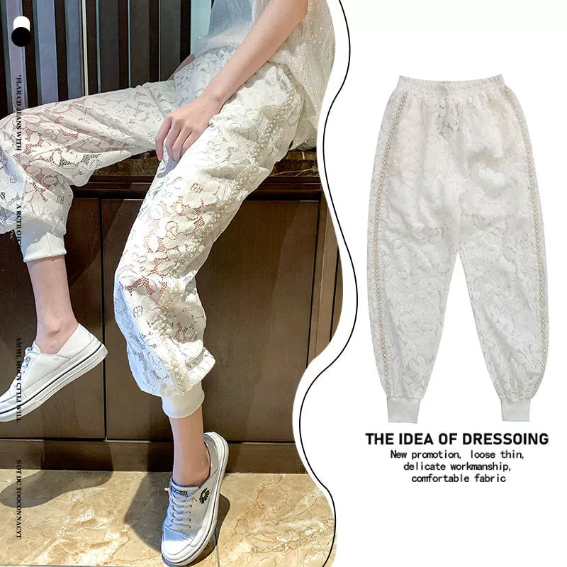 150.00kg Plus Size Heavy Industry Beaded Lace Casual Pants Plus Size Ladies Loose Fashion Thin Hollow Crochet Sports Pants