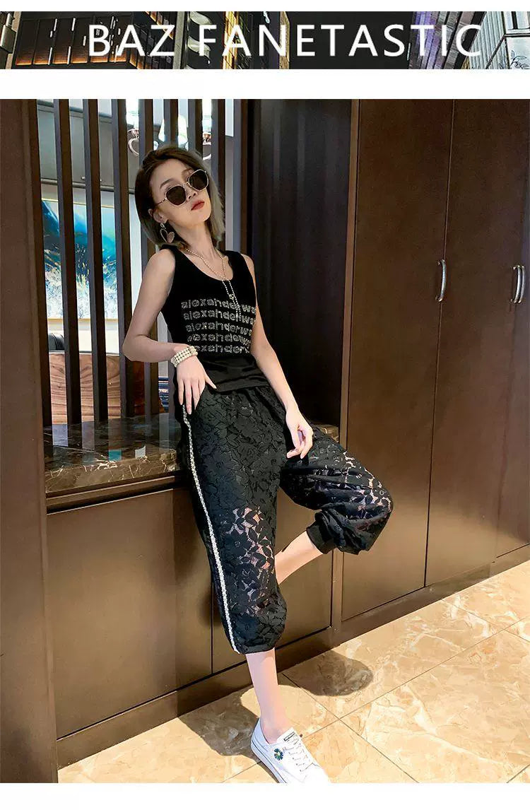 150.00kg Plus Size Heavy Industry Beaded Lace Casual Pants Plus Size Ladies Loose Fashion Thin Hollow Crochet Sports Pants
