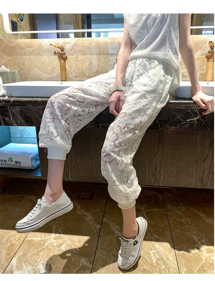 150.00kg Plus Size Heavy Industry Beaded Lace Casual Pants Plus Size Ladies Loose Fashion Thin Hollow Crochet Sports Pants