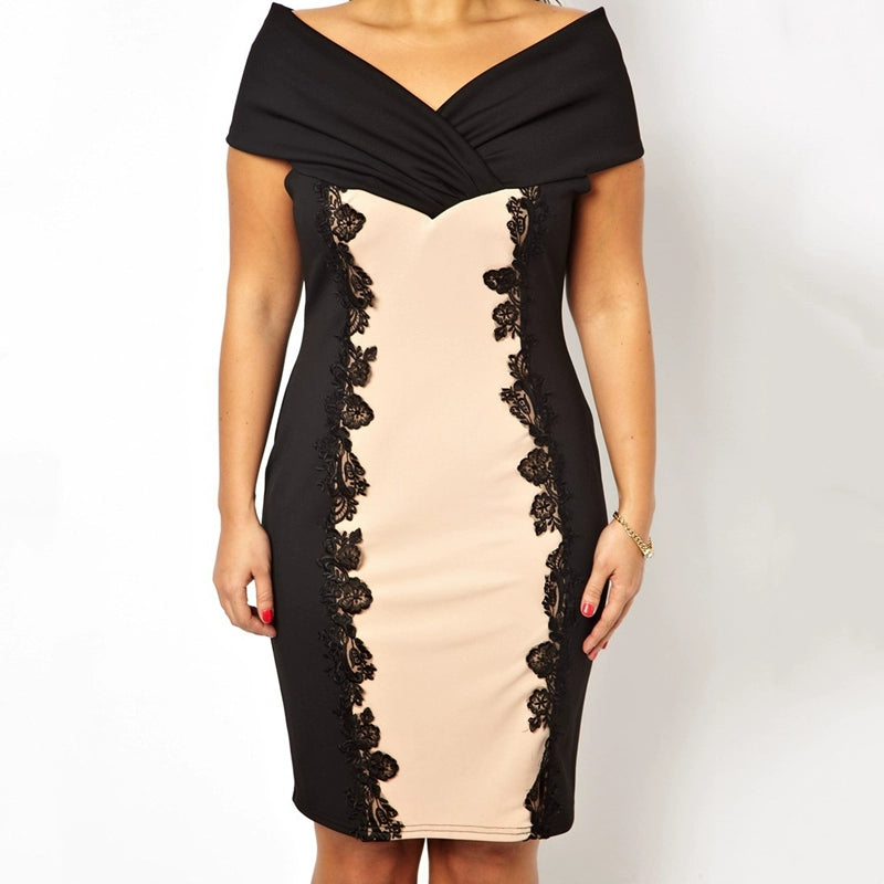 Spring and Summer New Arrival Fashion Plus Size Plus Size Ladies off-Shoulder Fancy Banquet Skirt Lace Patchwork Loose-Fit Short Dress