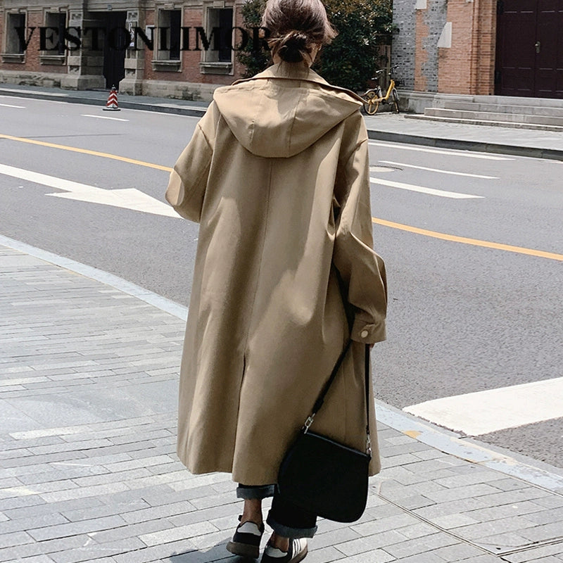 Vestonlimor Fall New Arrival K-style French British Style Elegant Slimming Hooded Mid Length Long Length Trench Coat Outwear