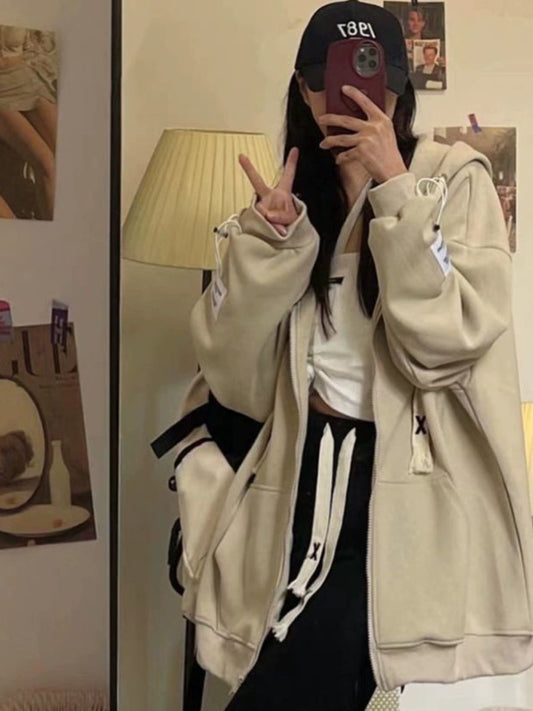 150.00kg Plus Size American Hooded Sweatshirt Female Plus Size Ladies Loose BF Idle Style Long-Sleeve Zipper Cardigan Outerwear Top