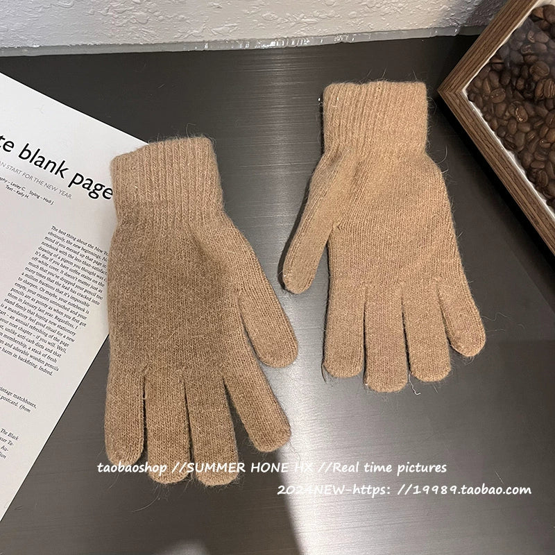 South Korea Ins Solid Color Cycling Gloves Student Cute Wild Cold-Proof Warm Finger Stuffed Knitted Gloves Female Winter