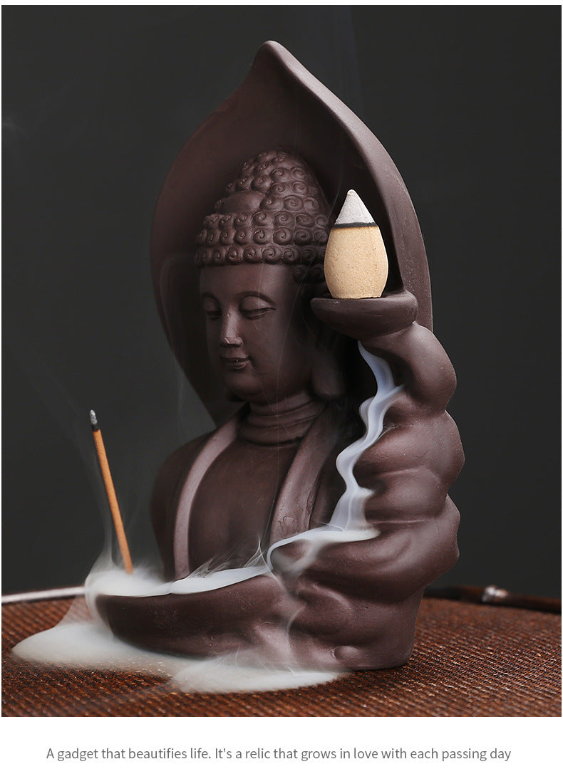 1Pc Auspicious Clouds Buddha Purple Clay Backflow Incense Burner Incense Stick Holder Home Office Tea House Decorate -No Incense