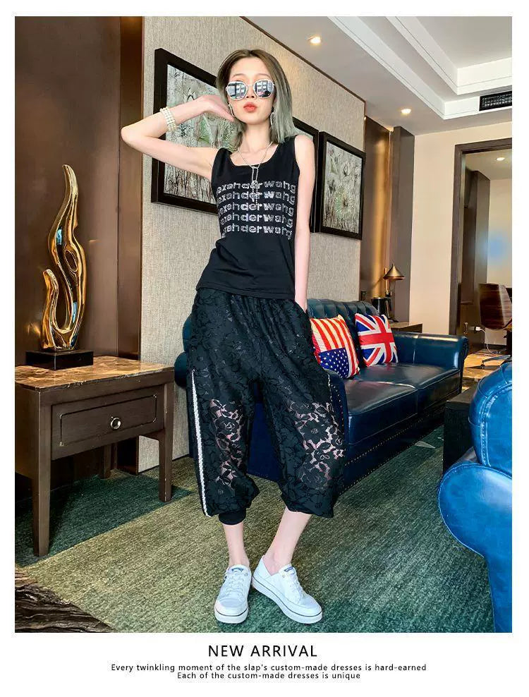 150.00kg Plus Size Heavy Industry Beaded Lace Casual Pants Plus Size Ladies Loose Fashion Thin Hollow Crochet Sports Pants